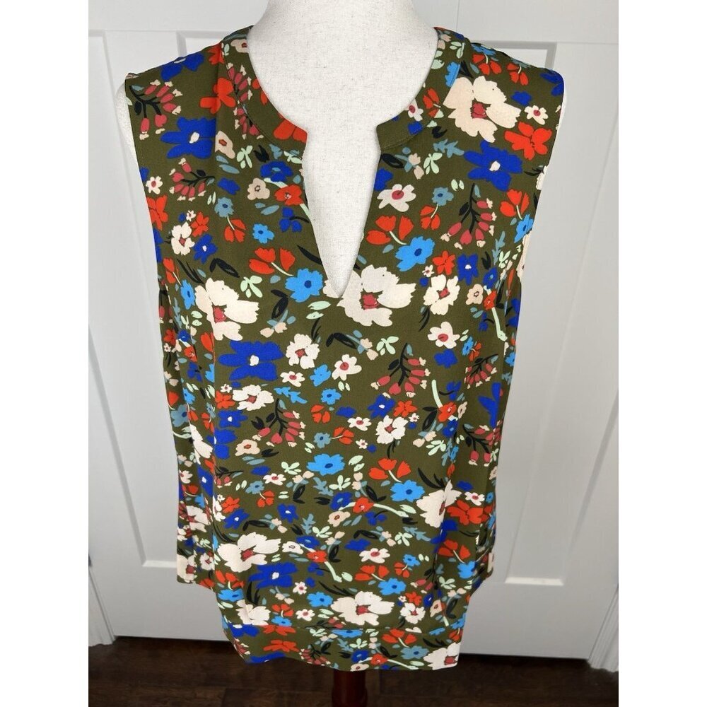 Cabi M Olive Floral Sleeveless Blouse Hi Low Tunic Top Split Neck Colorful Flowy - Picture 2 of 9